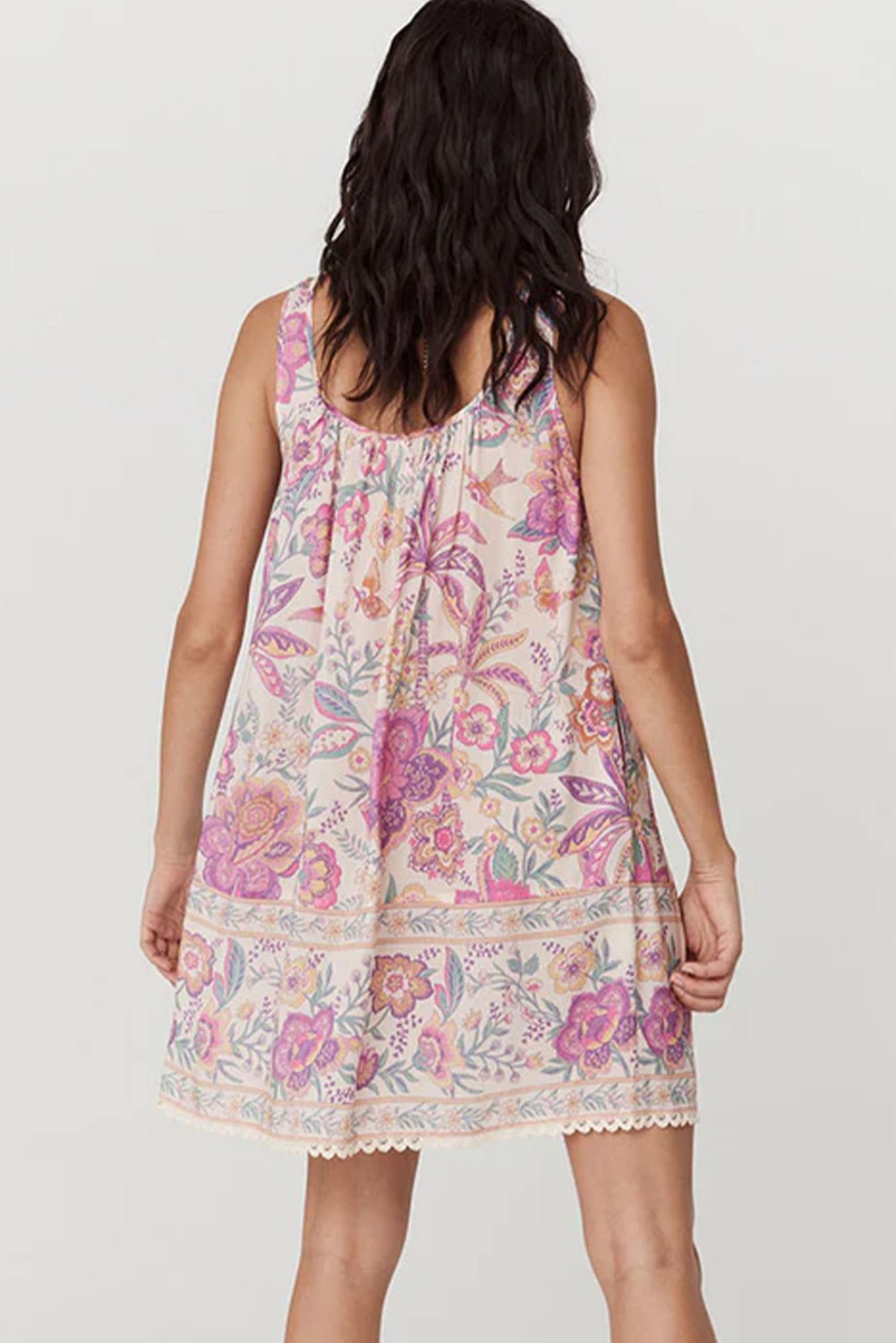 Multicolour Floral Print Fringed Tie U Neck Sleeveless Mini Dress - Chaelisa's New Jammies