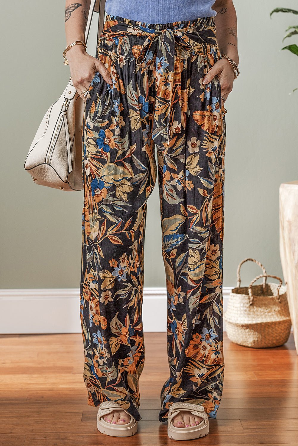 Multicolour Floral Shirred High Waist Wide Leg Pants with Tie - Chaelisa's New Jammies