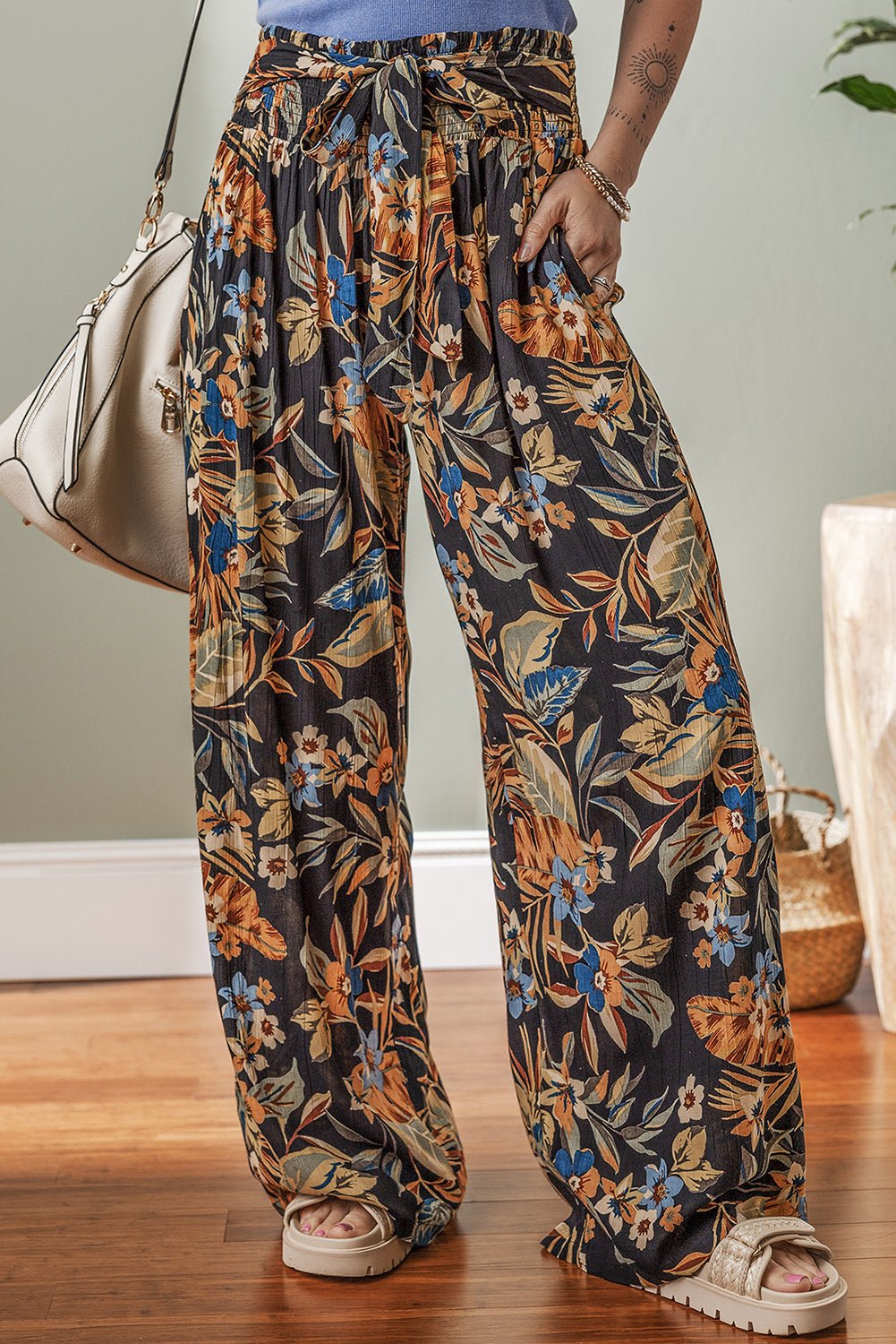 Multicolour Floral Shirred High Waist Wide Leg Pants with Tie - Chaelisa's New Jammies