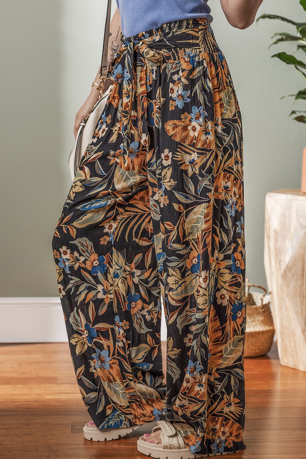 Multicolour Floral Shirred High Waist Wide Leg Pants with Tie - Chaelisa's New Jammies