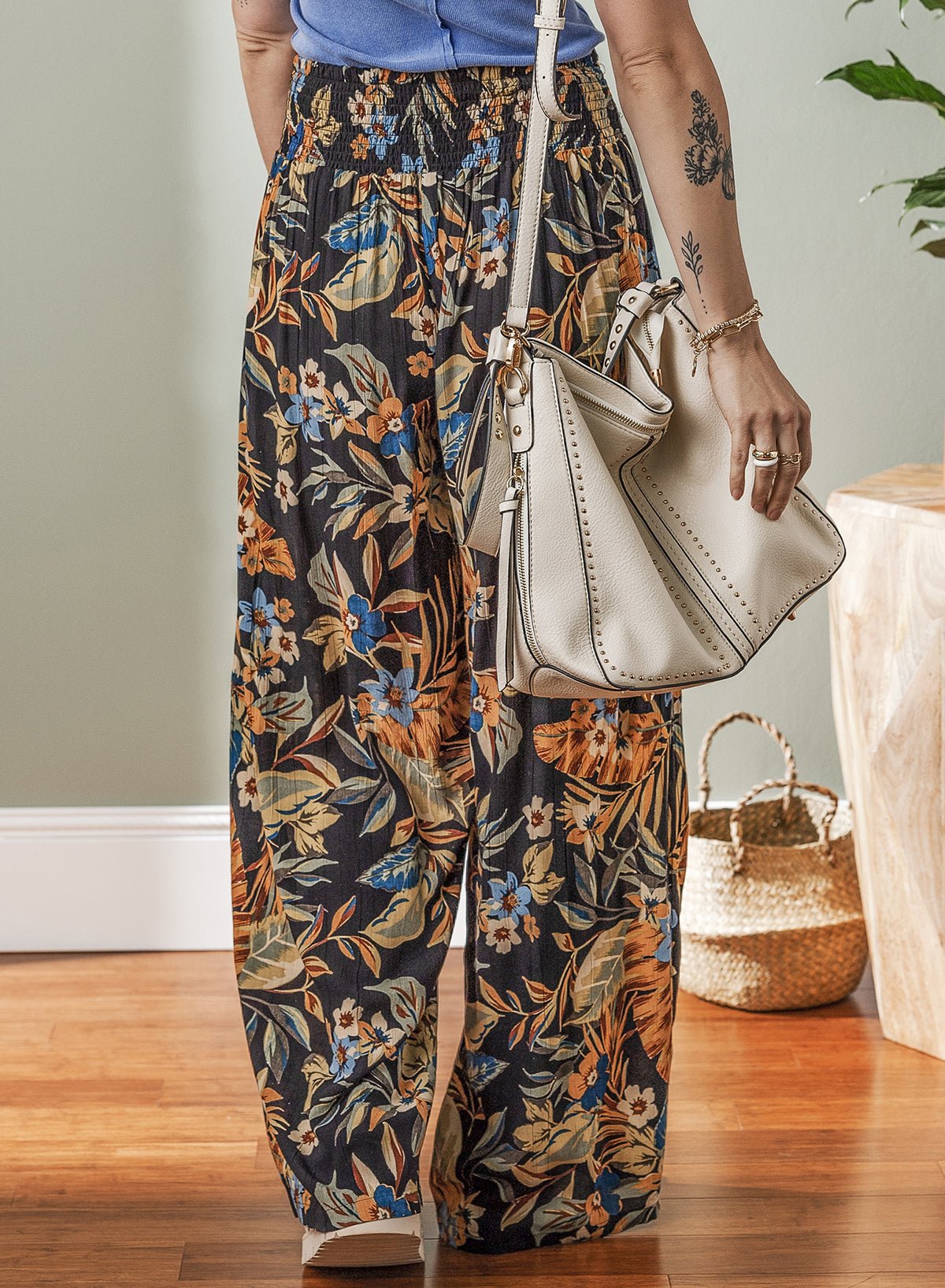 Multicolour Floral Shirred High Waist Wide Leg Pants with Tie - Chaelisa's New Jammies
