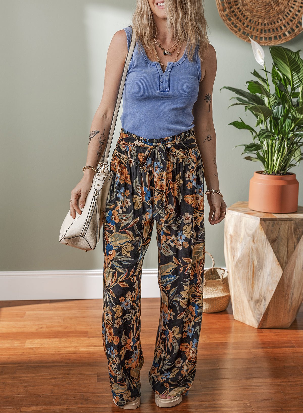 Multicolour Floral Shirred High Waist Wide Leg Pants with Tie - Chaelisa's New Jammies