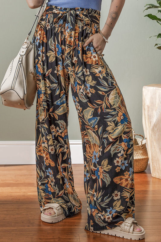 Multicolour Floral Shirred High Waist Wide Leg Pants with Tie - Chaelisa's New Jammies