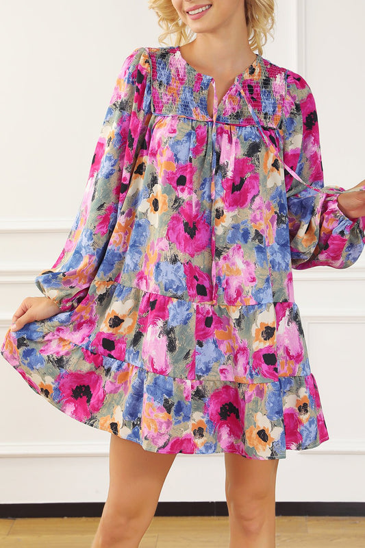 Multicolour Floral Tie Neck Bubble Sleeve Shift Dress - Chaelisa's New Jammies