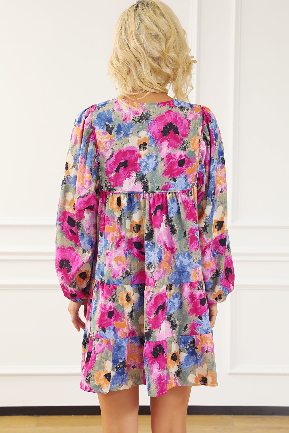 Multicolour Floral Tie Neck Bubble Sleeve Shift Dress - Chaelisa's New Jammies