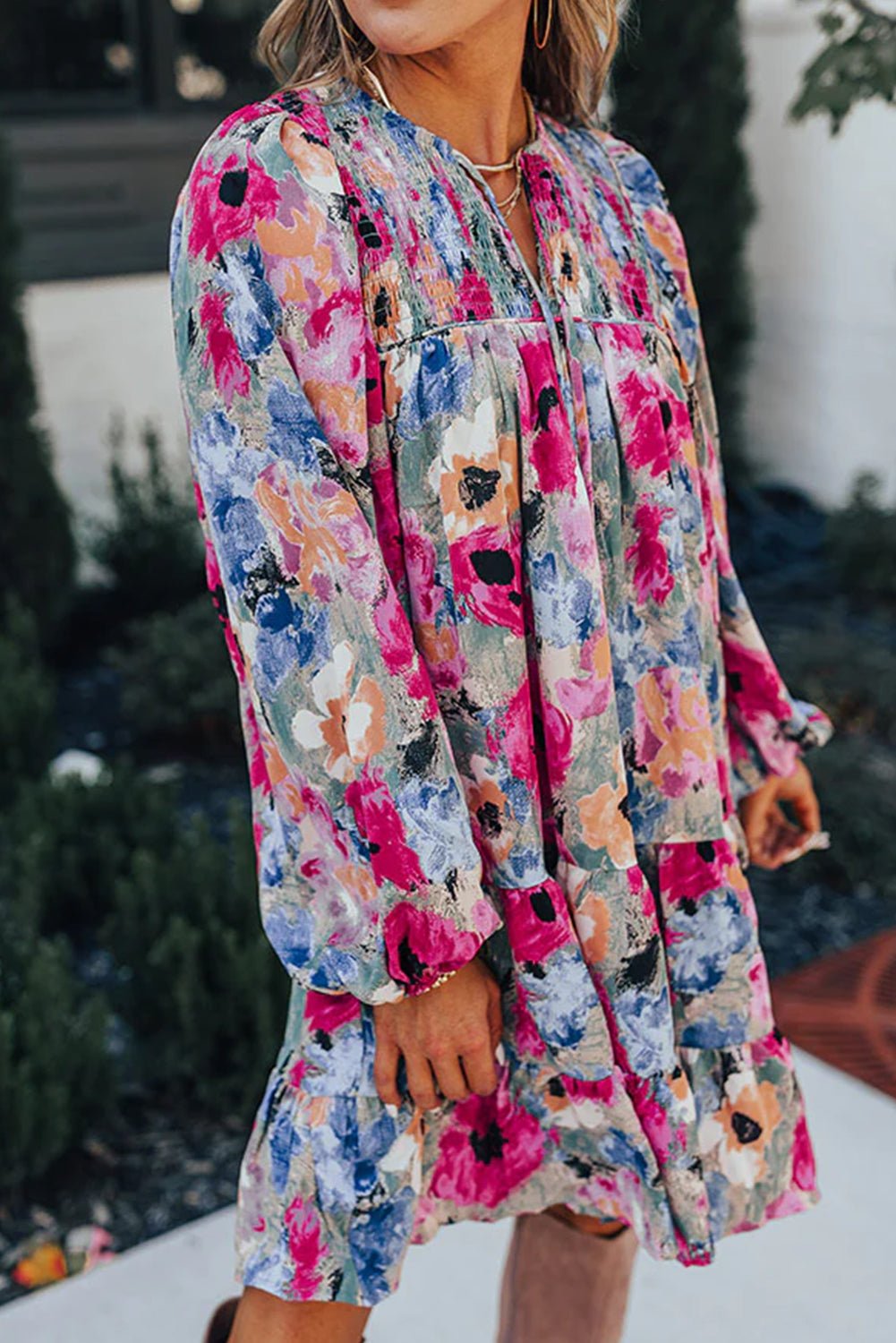 Multicolour Floral Tie Neck Bubble Sleeve Shift Dress - Chaelisa's New Jammies