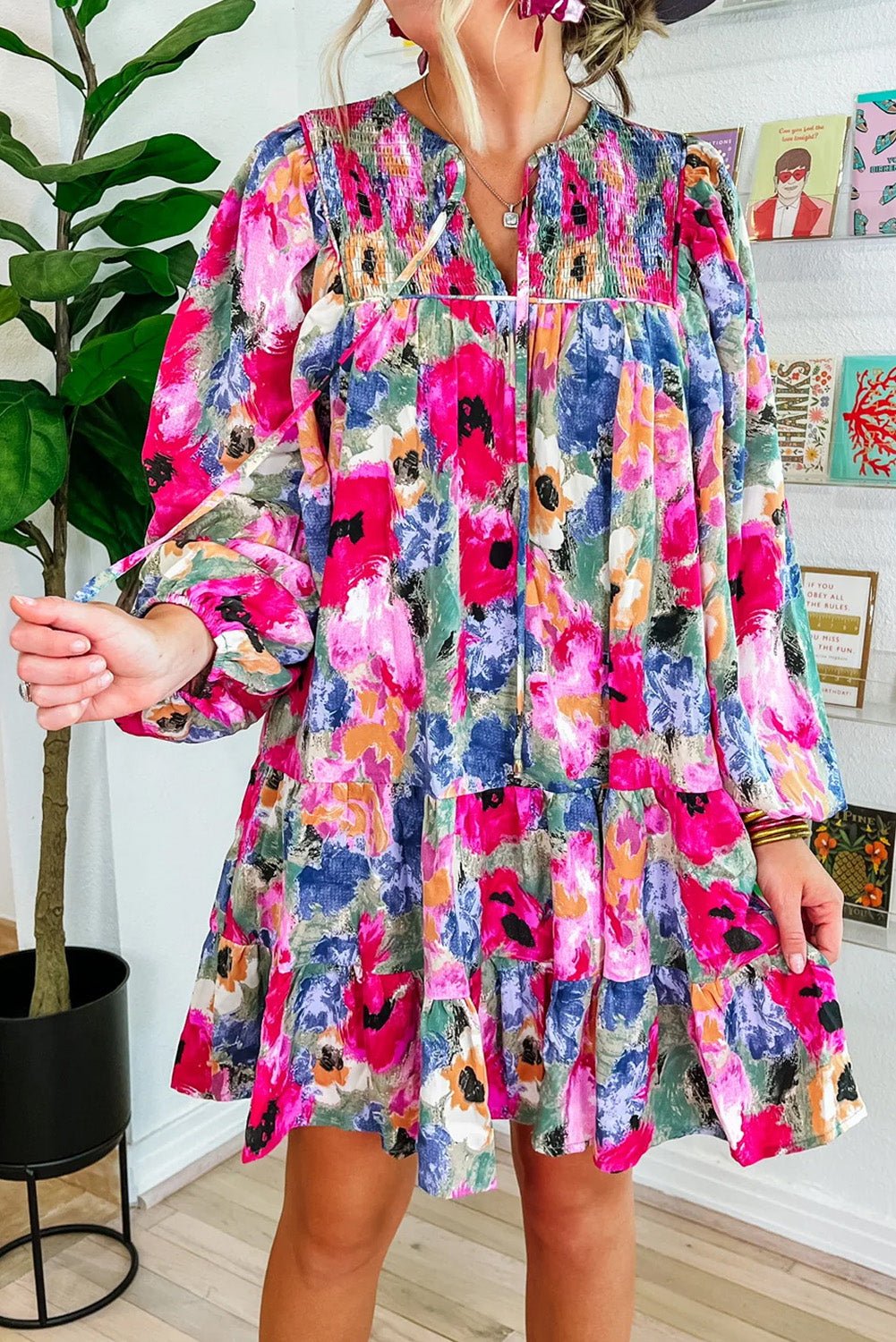 Multicolour Floral Tie Neck Bubble Sleeve Shift Dress - Chaelisa's New Jammies