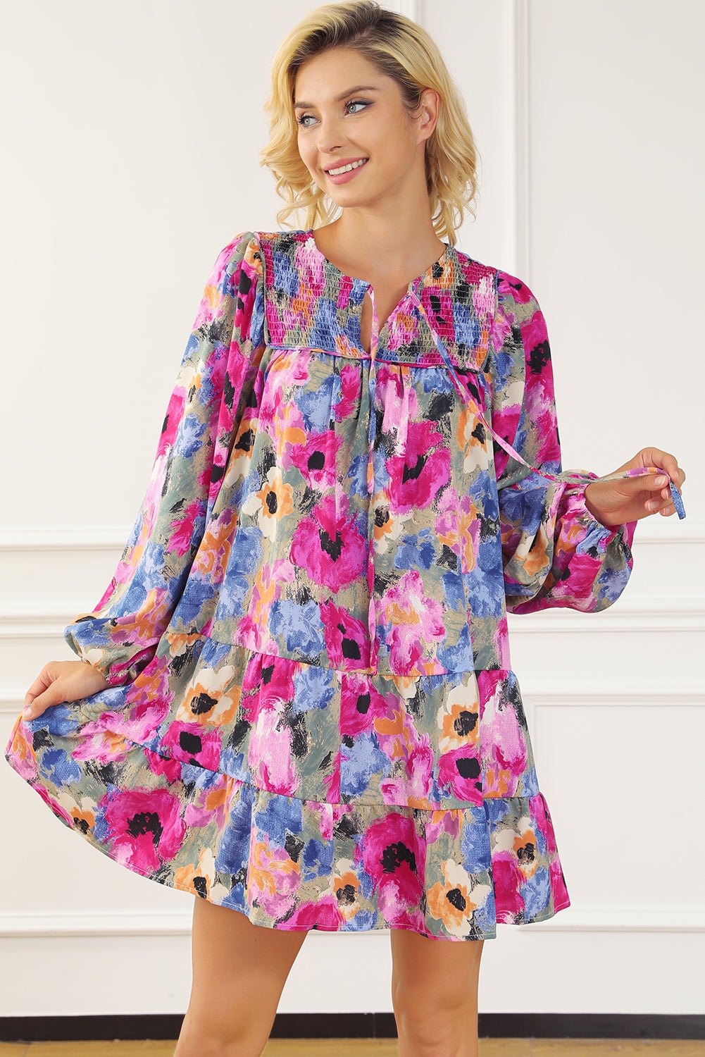 Multicolour Floral Tie Neck Bubble Sleeve Shift Dress - Chaelisa's New Jammies
