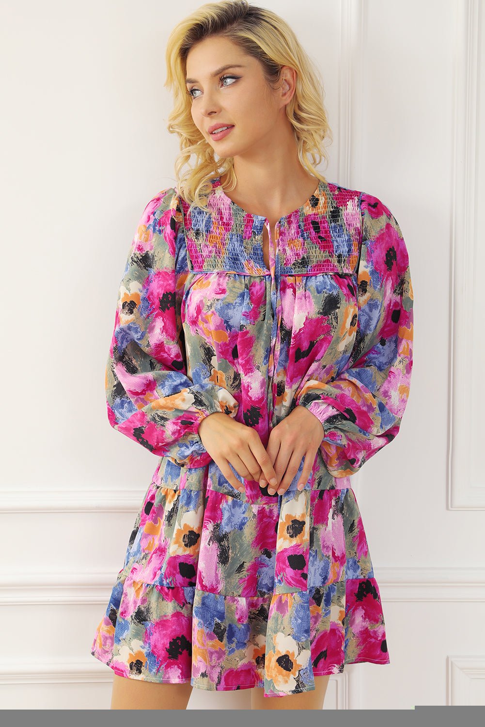 Multicolour Floral Tie Neck Bubble Sleeve Shift Dress - Chaelisa's New Jammies