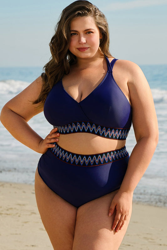 Navy Blue Embroidered Trim Wrap Tie Knot Plus Size High Waisted Bikini - Chaelisa's New Jammies