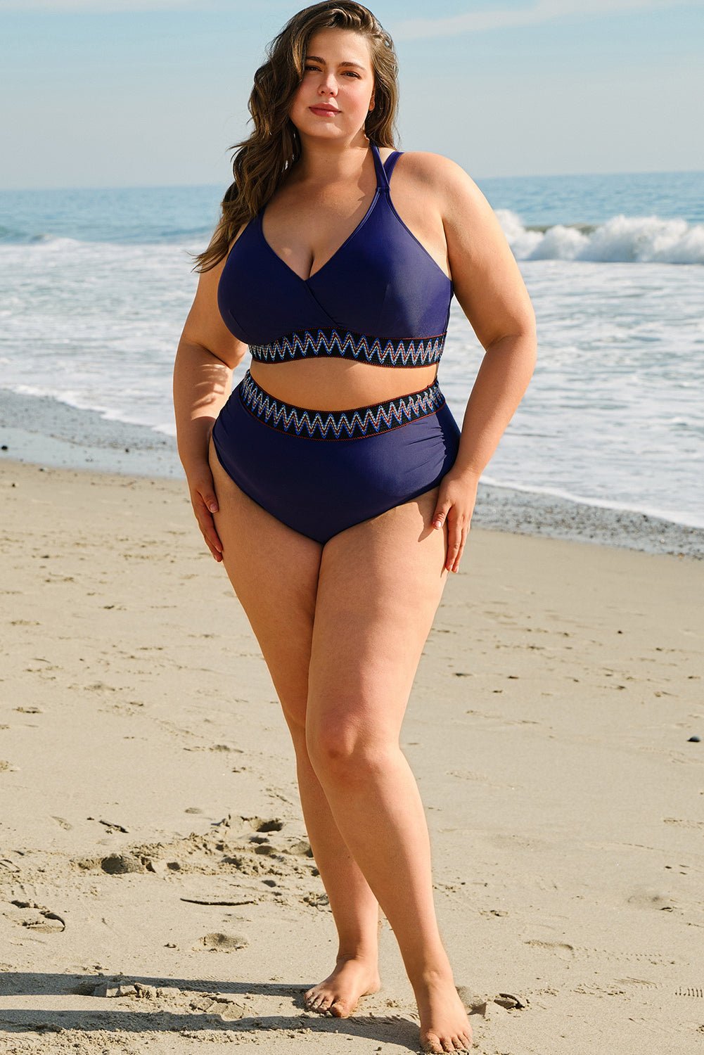 Navy Blue Embroidered Trim Wrap Tie Knot Plus Size High Waisted Bikini - Chaelisa's New Jammies