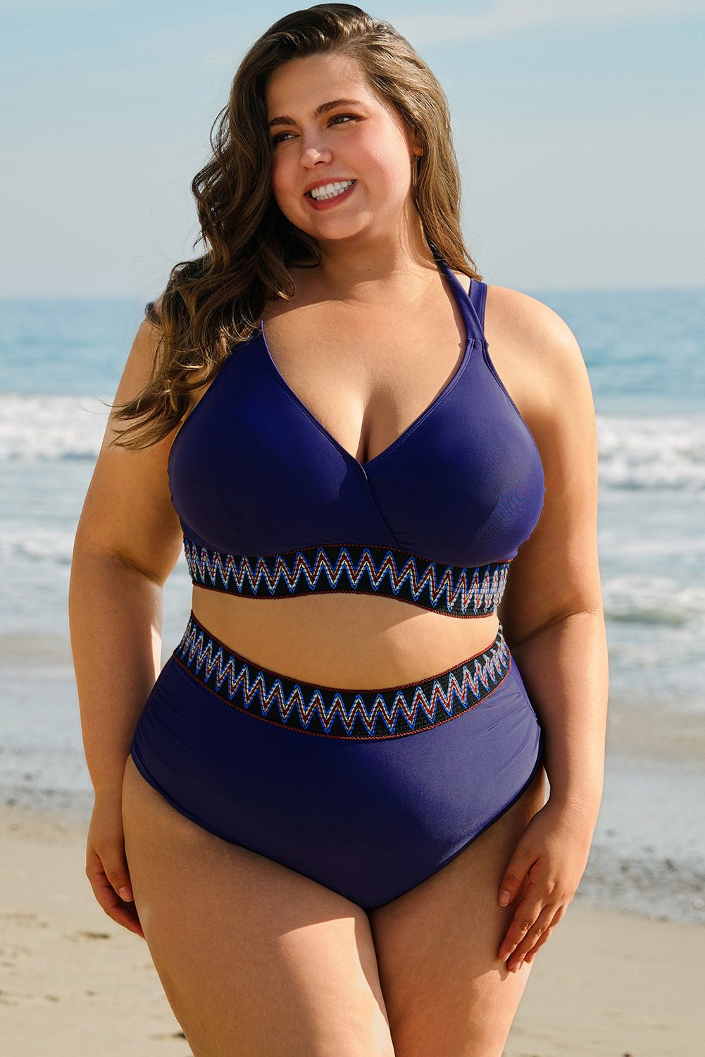 Navy Blue Embroidered Trim Wrap Tie Knot Plus Size High Waisted Bikini - Chaelisa's New Jammies