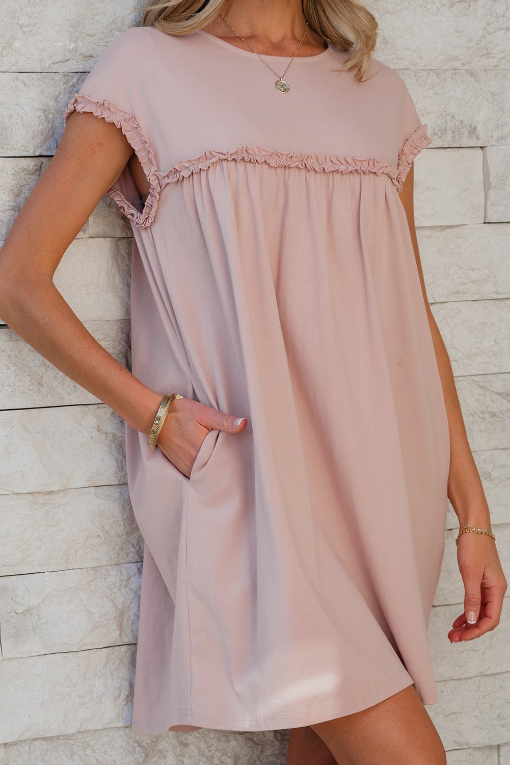 Oatmeal Frilled Trim Crew Neck Loose Fit Mini Dress - Chaelisa's New Jammies