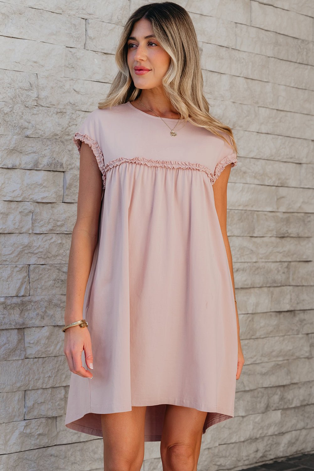 Oatmeal Frilled Trim Crew Neck Loose Fit Mini Dress - Chaelisa's New Jammies