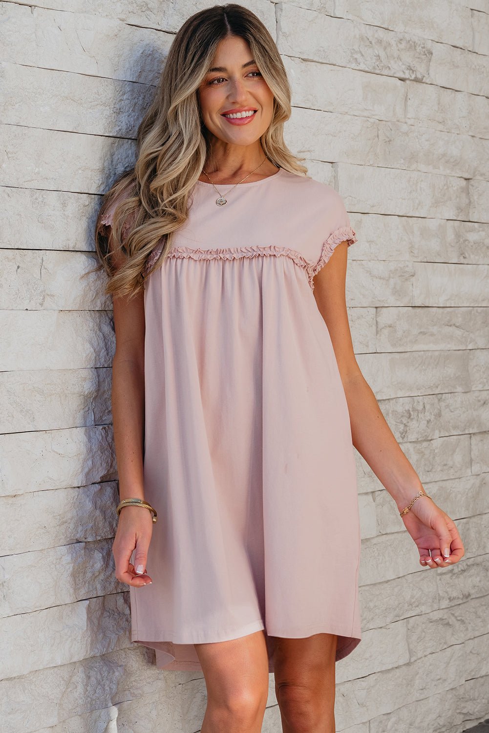 Oatmeal Frilled Trim Crew Neck Loose Fit Mini Dress - Chaelisa's New Jammies