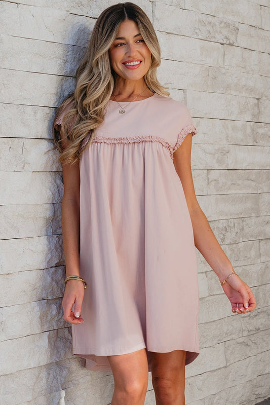 Oatmeal Frilled Trim Crew Neck Loose Fit Mini Dress - Chaelisa's New Jammies