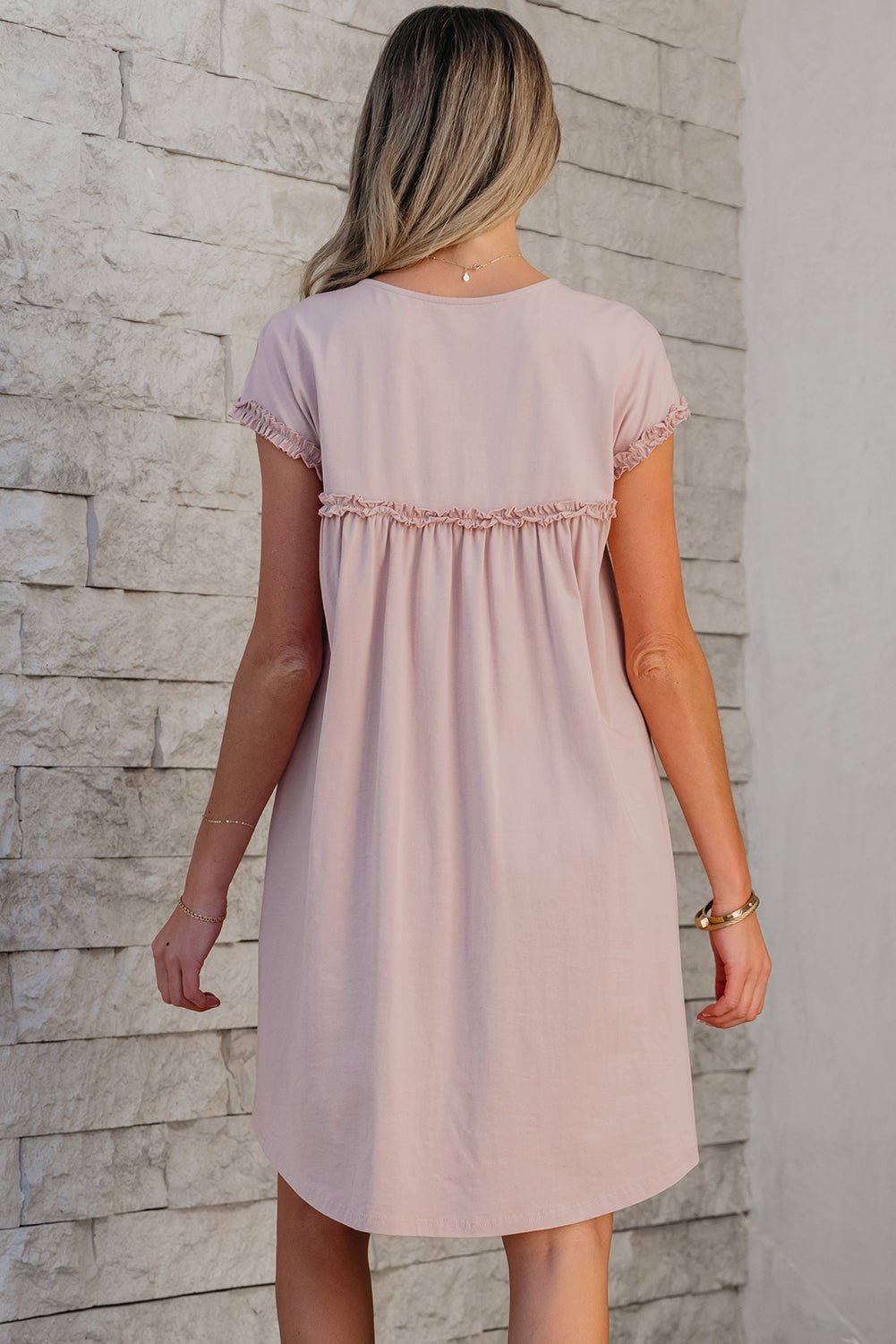 Oatmeal Frilled Trim Crew Neck Loose Fit Mini Dress - Chaelisa's New Jammies
