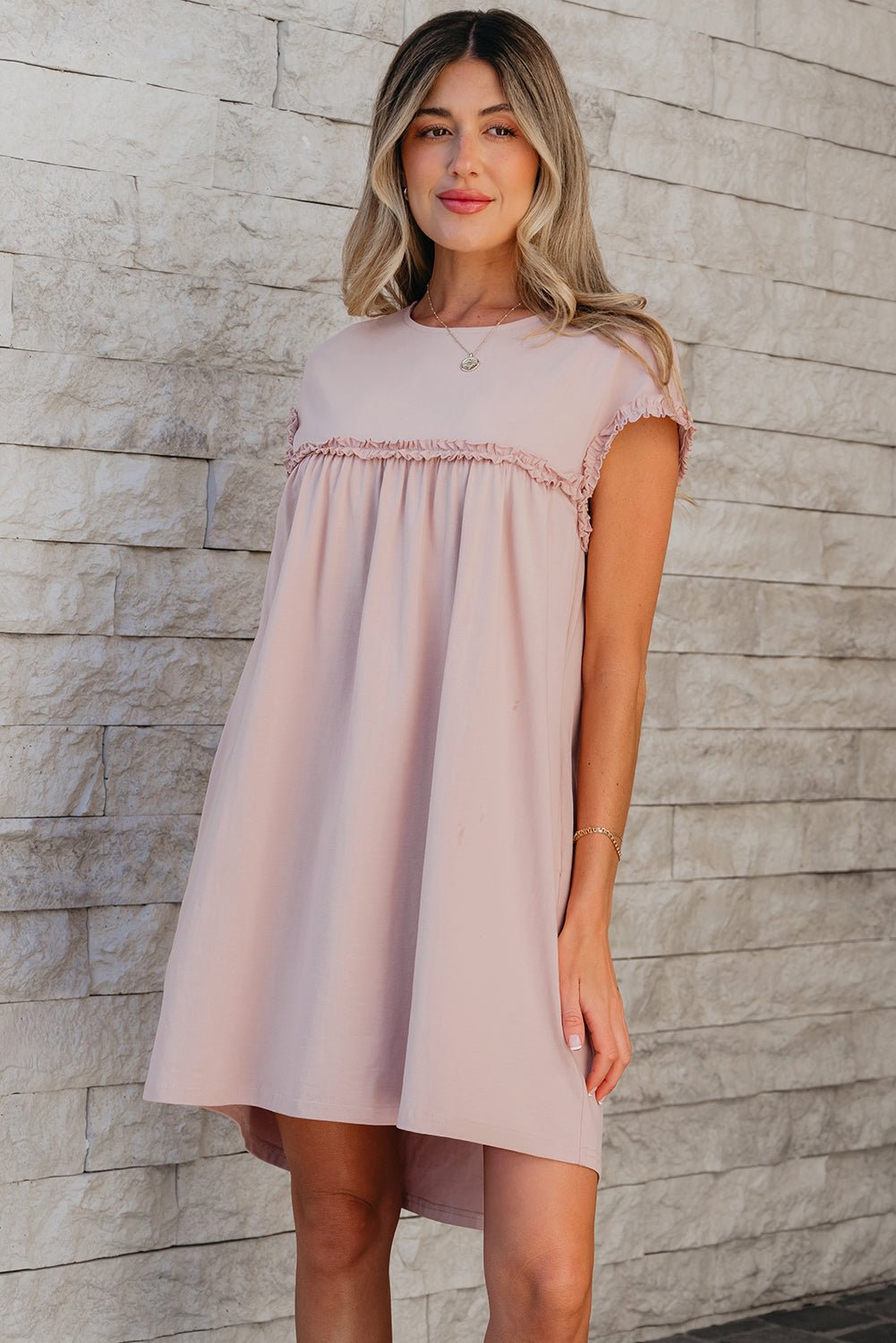 Oatmeal Frilled Trim Crew Neck Loose Fit Mini Dress - Chaelisa's New Jammies