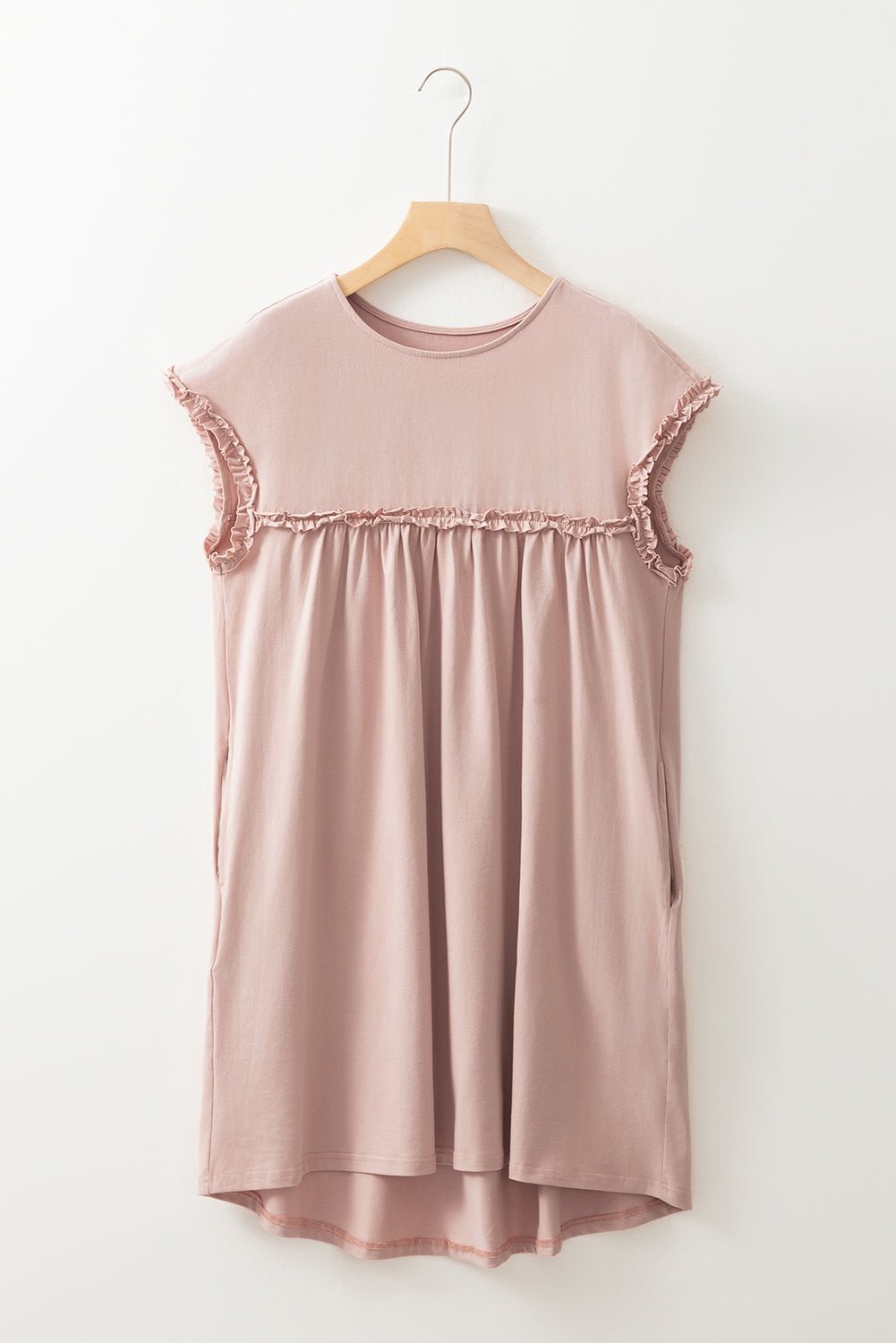 Oatmeal Frilled Trim Crew Neck Loose Fit Mini Dress - Chaelisa's New Jammies