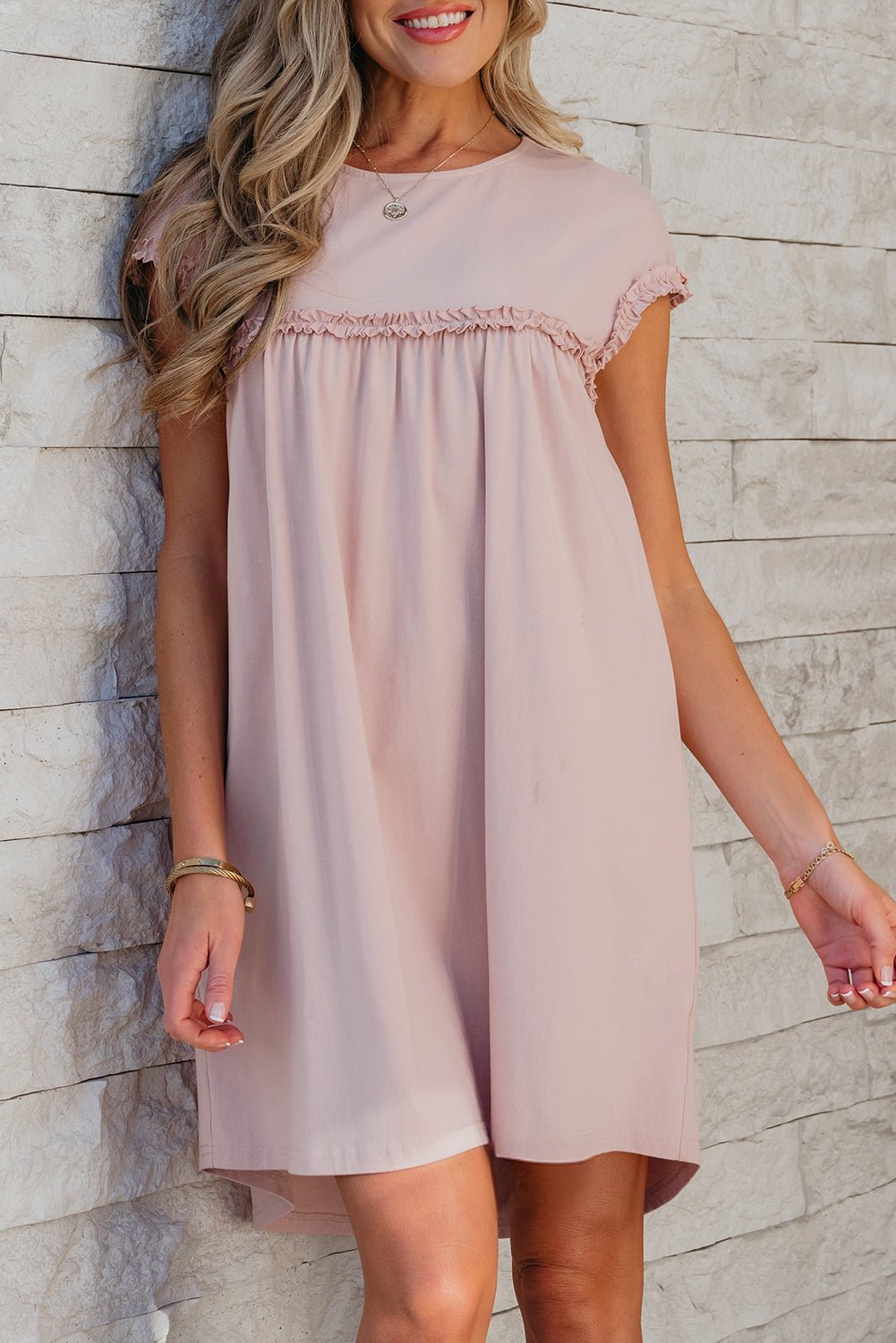 Oatmeal Frilled Trim Crew Neck Loose Fit Mini Dress - Chaelisa's New Jammies