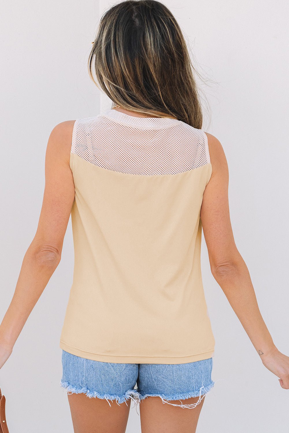 Oatmeal Solid Mesh Patchwork Crew Neck Tank Top - Chaelisa's New Jammies