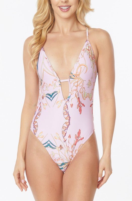 ONE PIECE BATHING SUIT FLORAL PRINT DEEP CUT FRONT - Chaelisa's New Jammies