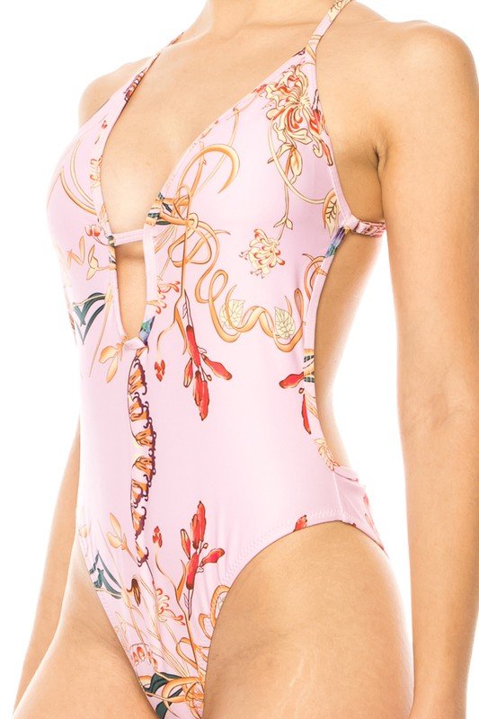 ONE PIECE BATHING SUIT FLORAL PRINT DEEP CUT FRONT - Chaelisa's New Jammies