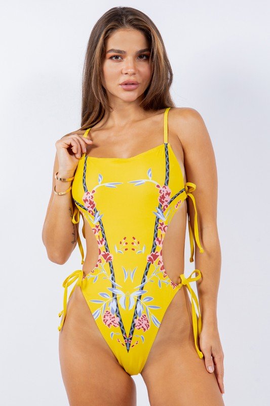 ONE PIECE SIDE CUTOUT FRONT CHERRY BLOSSOM PRINTS - Chaelisa's New Jammies