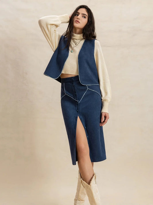 Open Front Vest and Buttoned Skirt Set - Chaelisa's New Jammies