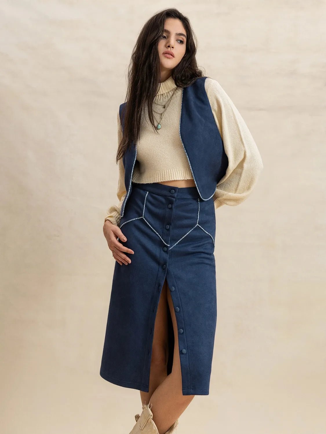 Open Front Vest and Buttoned Skirt Set - Chaelisa's New Jammies