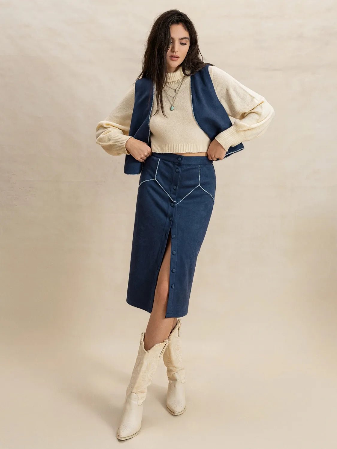 Open Front Vest and Buttoned Skirt Set - Chaelisa's New Jammies