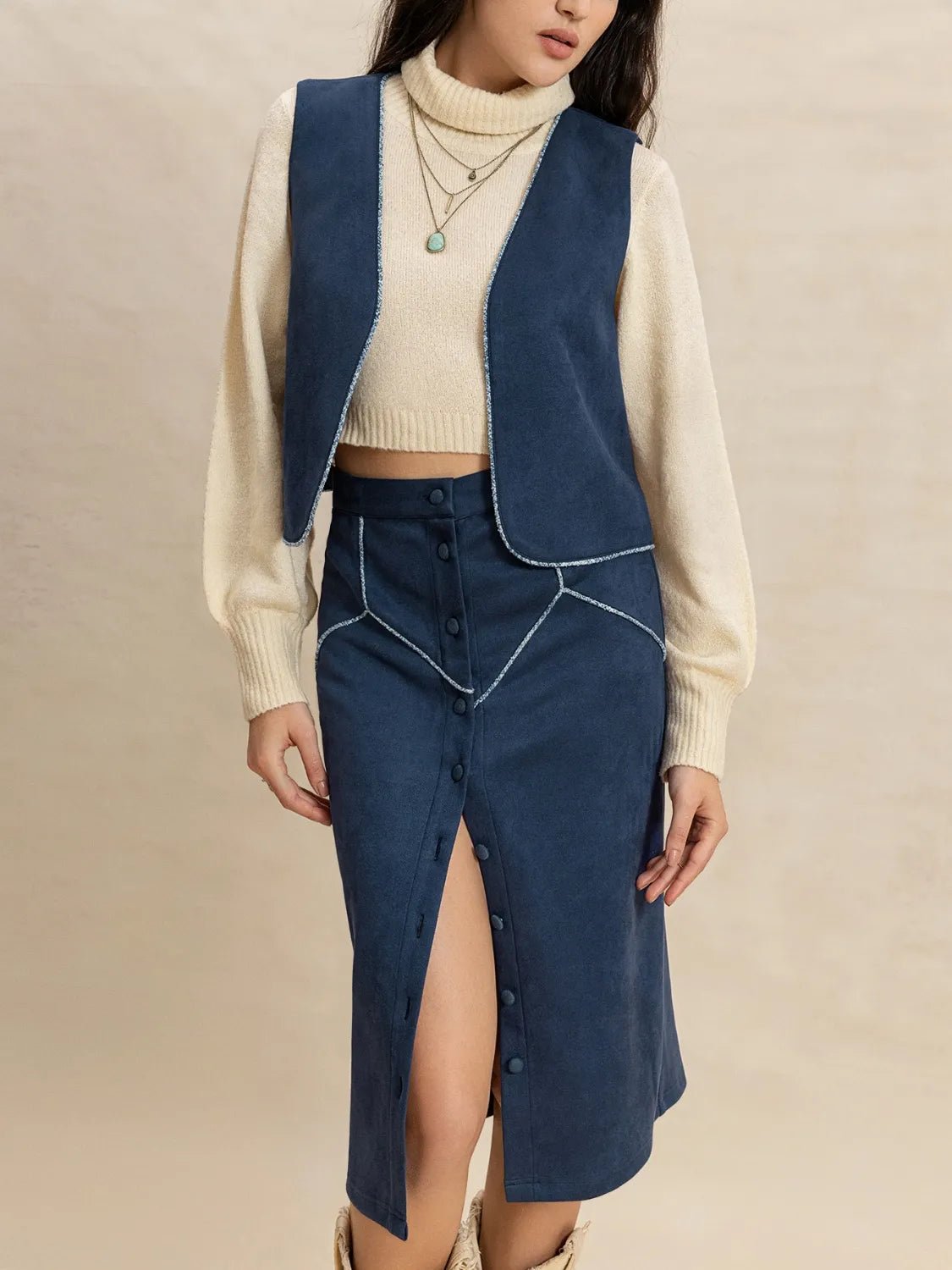 Open Front Vest and Buttoned Skirt Set - Chaelisa's New Jammies