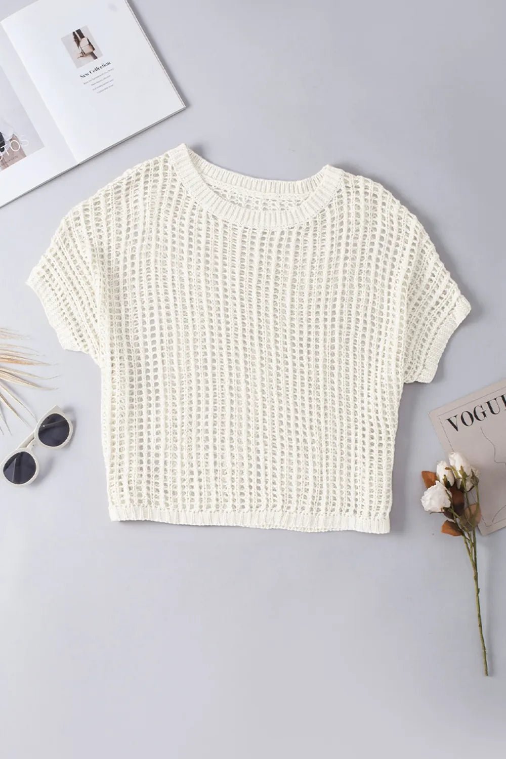 Openwork Round Neck Half Sleeve Knit Cover Up - Chaelisa's New Jammies