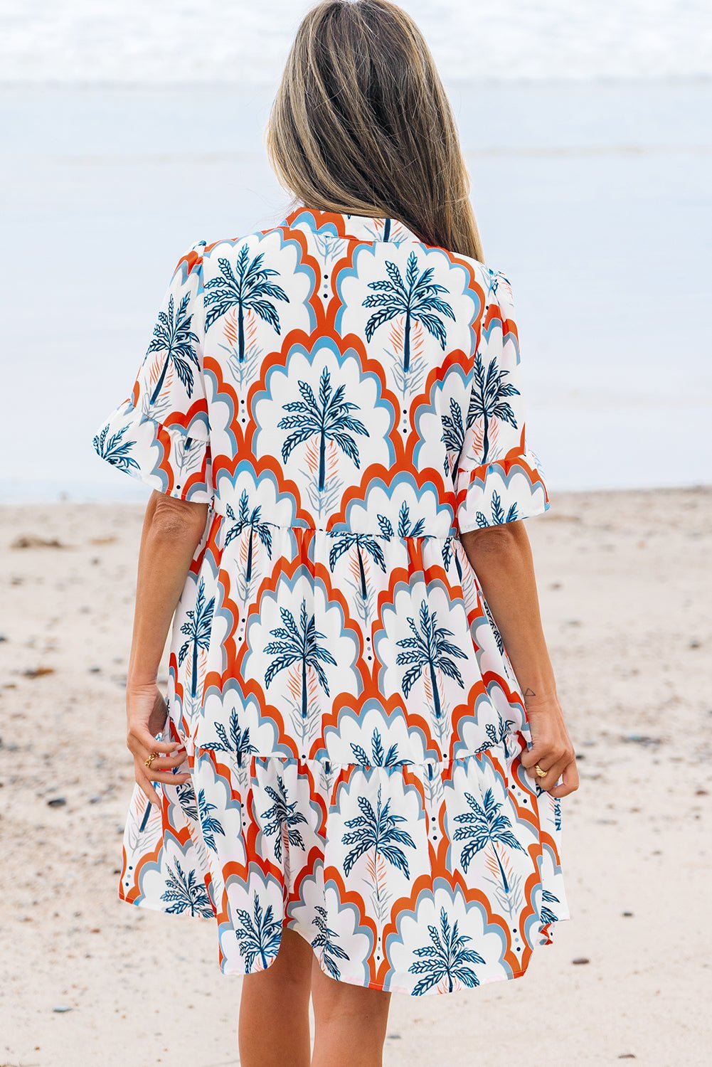 Orange Contrast Palm Tree Printed Short Sleeve Flowy Dress - Chaelisa's New Jammies