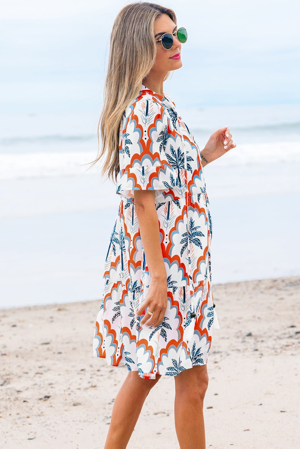 Orange Contrast Palm Tree Printed Short Sleeve Flowy Dress - Chaelisa's New Jammies