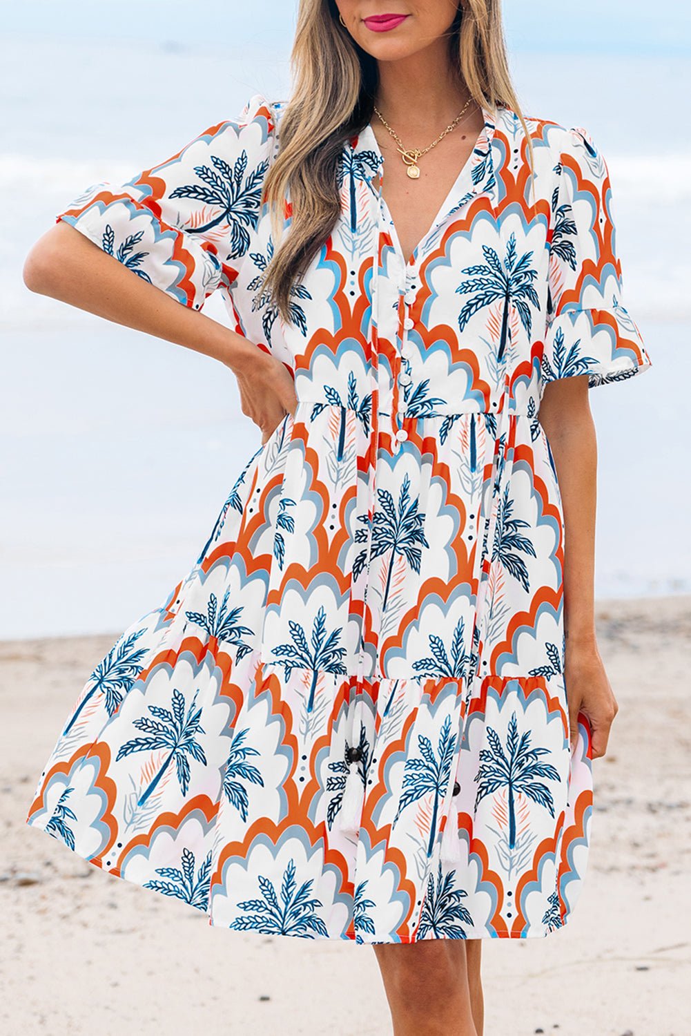 Orange Contrast Palm Tree Printed Short Sleeve Flowy Dress - Chaelisa's New Jammies