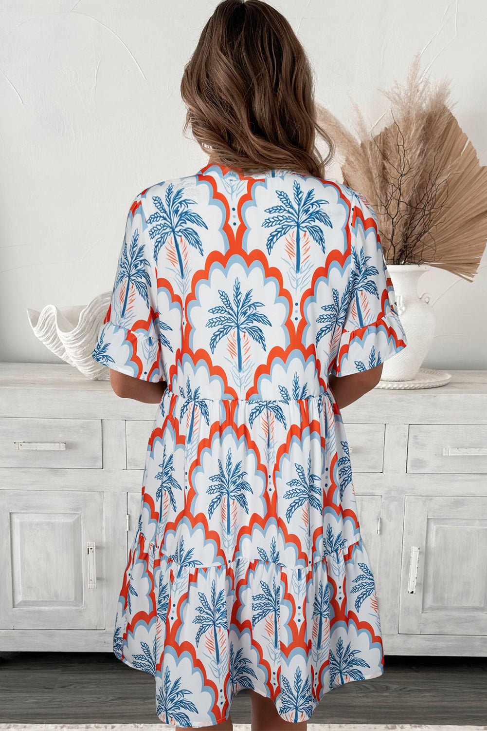 Orange Contrast Palm Tree Printed Short Sleeve Flowy Dress - Chaelisa's New Jammies