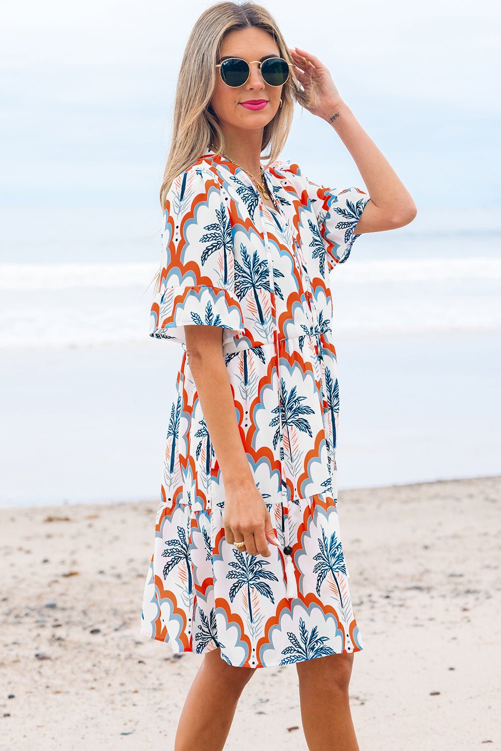 Orange Contrast Palm Tree Printed Short Sleeve Flowy Dress - Chaelisa's New Jammies