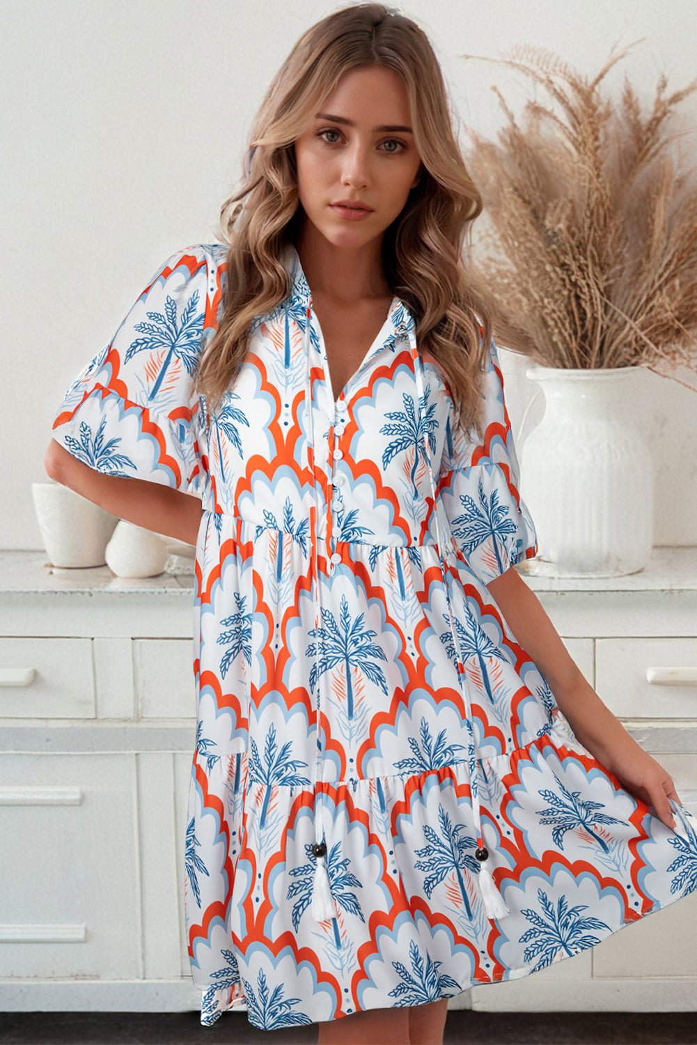 Orange Contrast Palm Tree Printed Short Sleeve Flowy Dress - Chaelisa's New Jammies