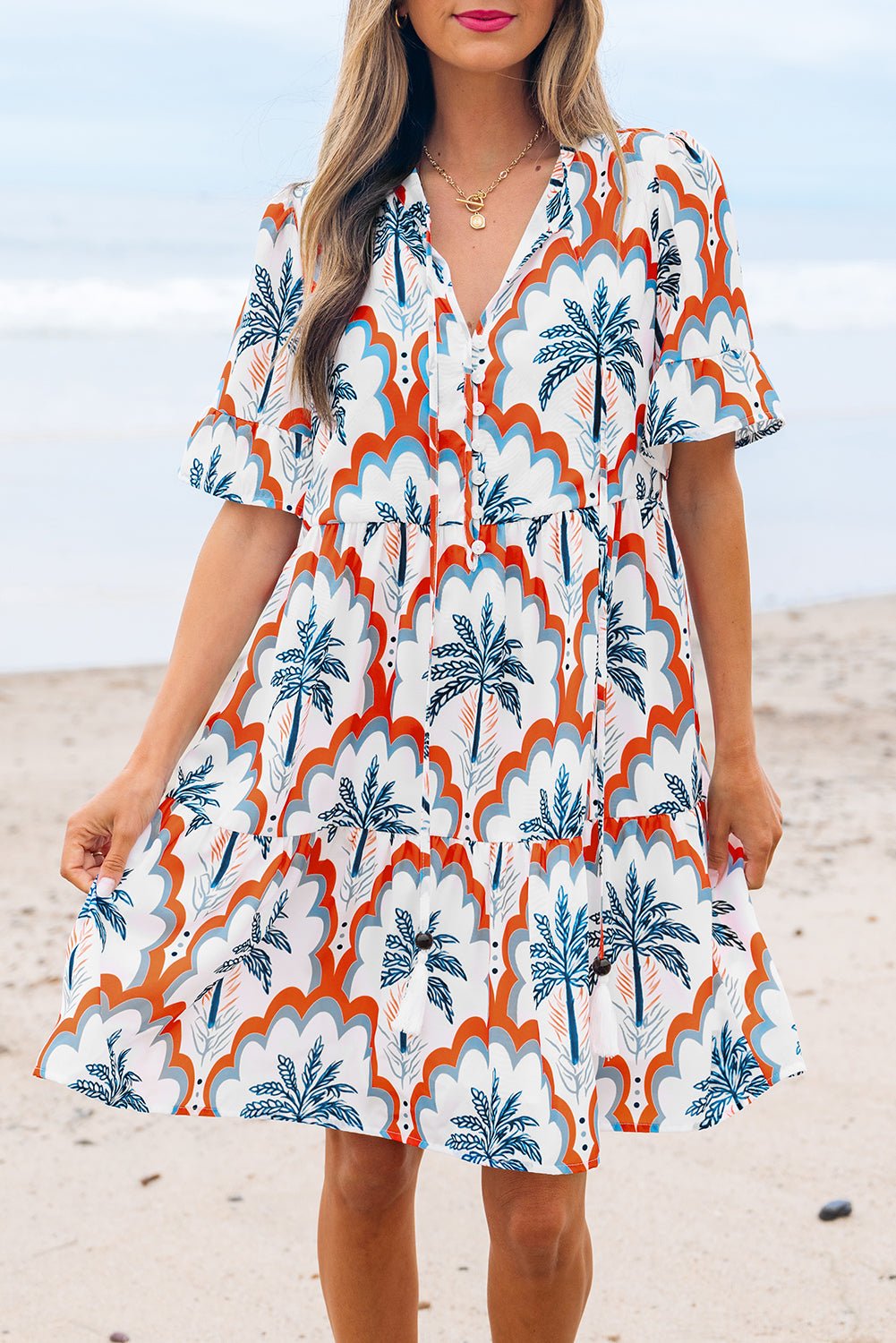 Orange Contrast Palm Tree Printed Short Sleeve Flowy Dress - Chaelisa's New Jammies