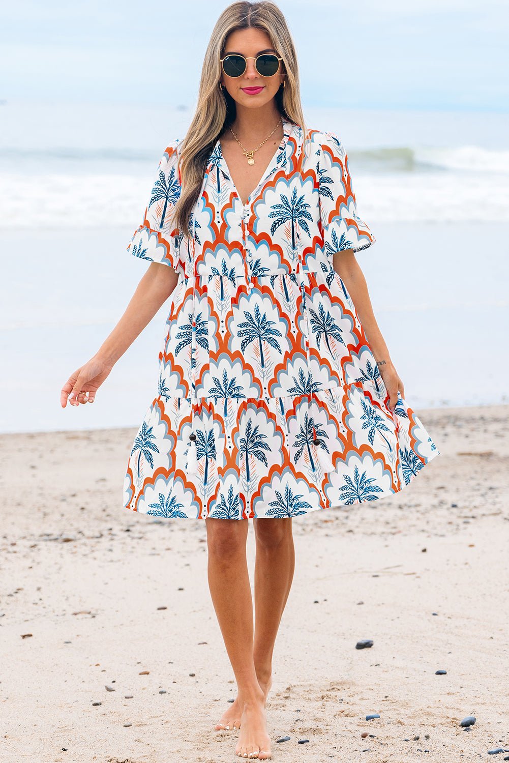 Orange Contrast Palm Tree Printed Short Sleeve Flowy Dress - Chaelisa's New Jammies