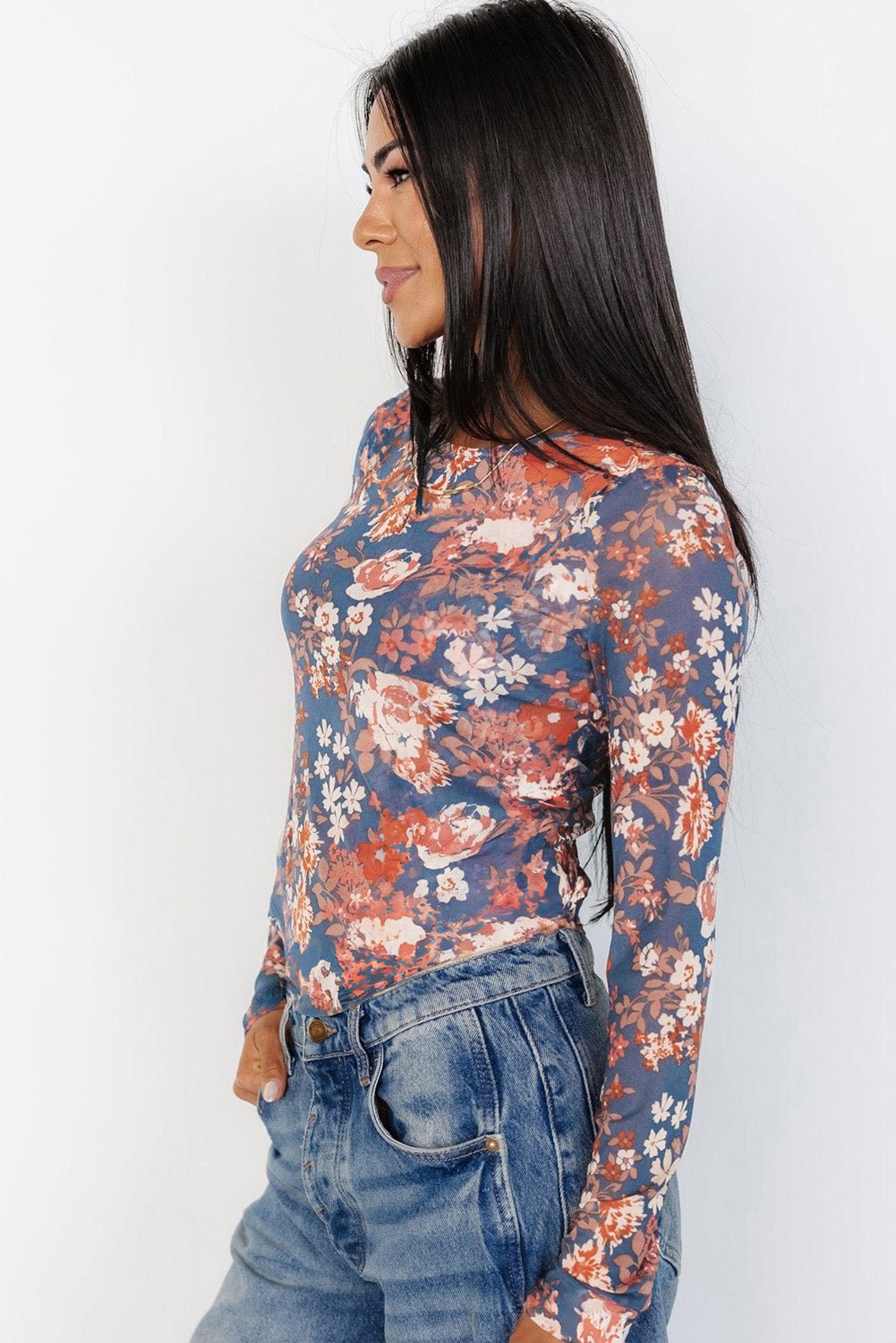 Orchid Petal Floral Print Mesh Fitted Long Sleeve Top - Chaelisa's New Jammies