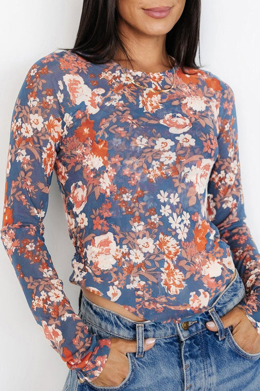 Orchid Petal Floral Print Mesh Fitted Long Sleeve Top - Chaelisa's New Jammies