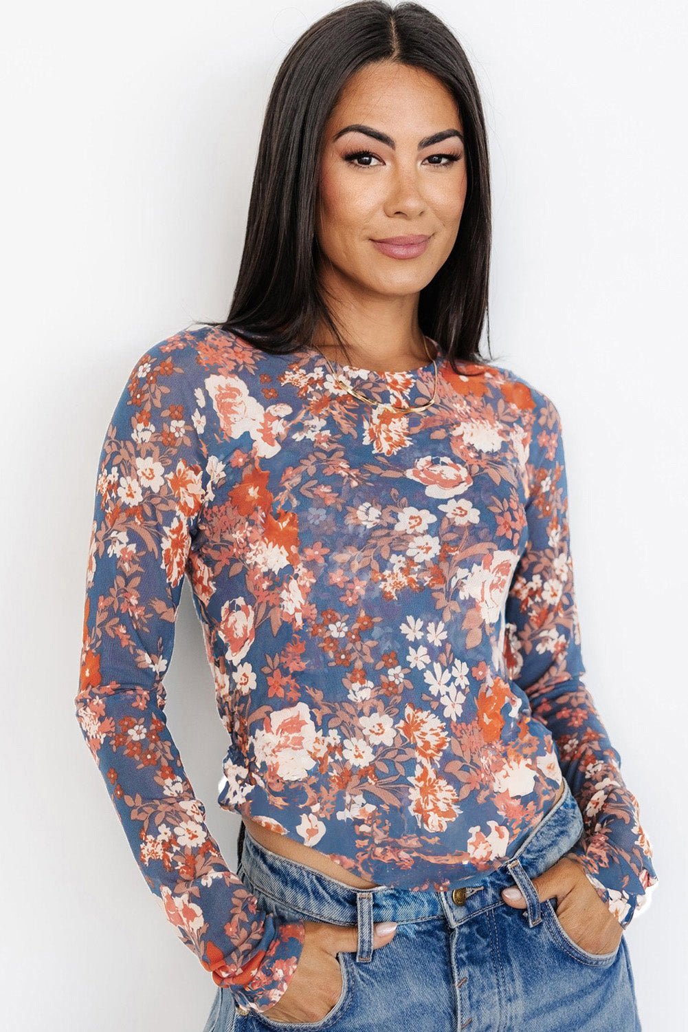 Orchid Petal Floral Print Mesh Fitted Long Sleeve Top - Chaelisa's New Jammies