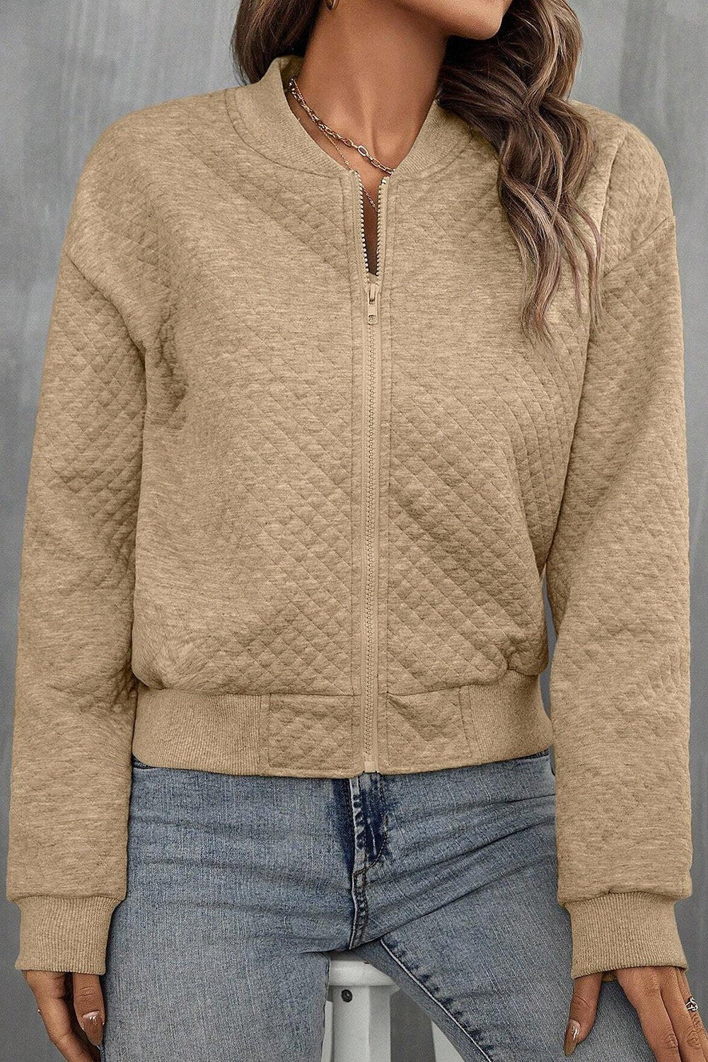 Pale Khaki Solid Geometric Textured Baseball Collar Jacket - Chaelisa's New Jammies