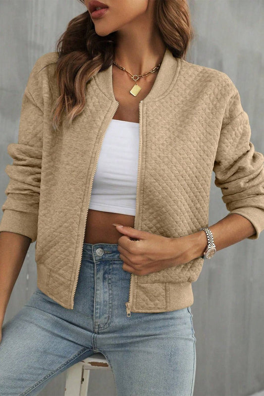 Pale Khaki Solid Geometric Textured Baseball Collar Jacket - Chaelisa's New Jammies