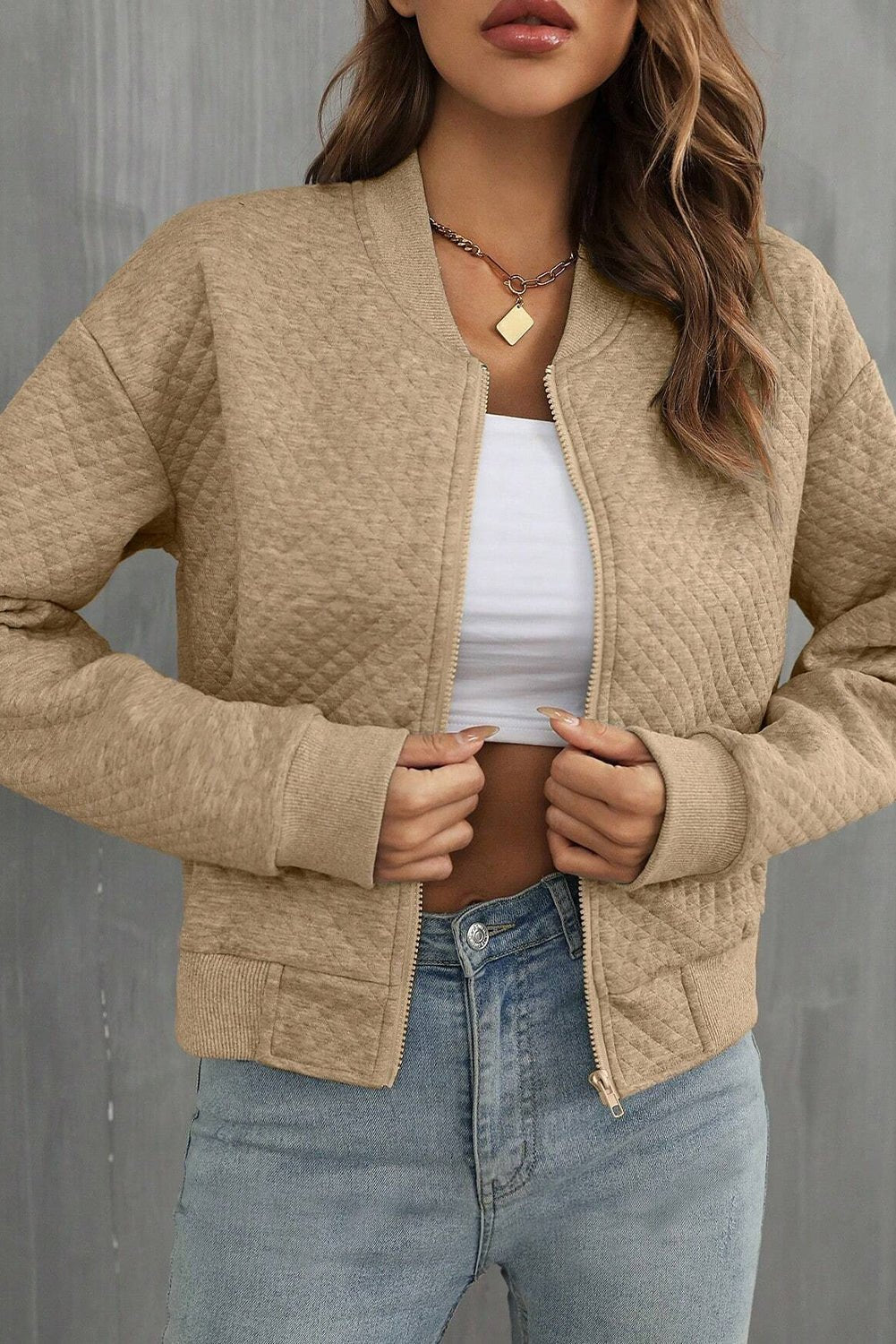 Pale Khaki Solid Geometric Textured Baseball Collar Jacket - Chaelisa's New Jammies