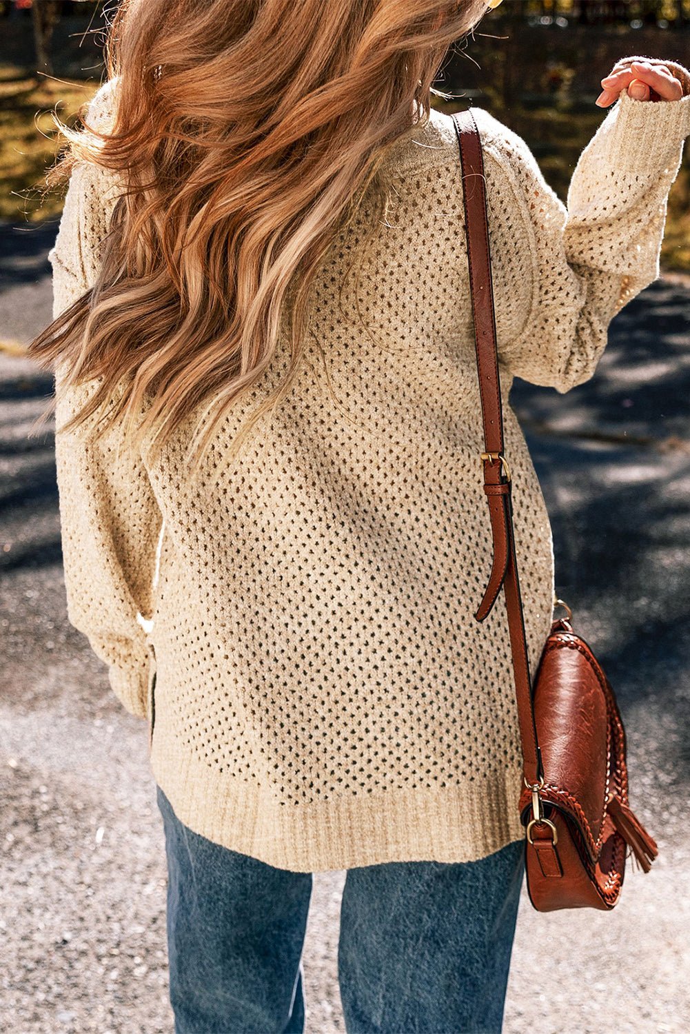 Parchment Loose Eyelet V Neck Drop Shoulder Sweater - Chaelisa's New Jammies