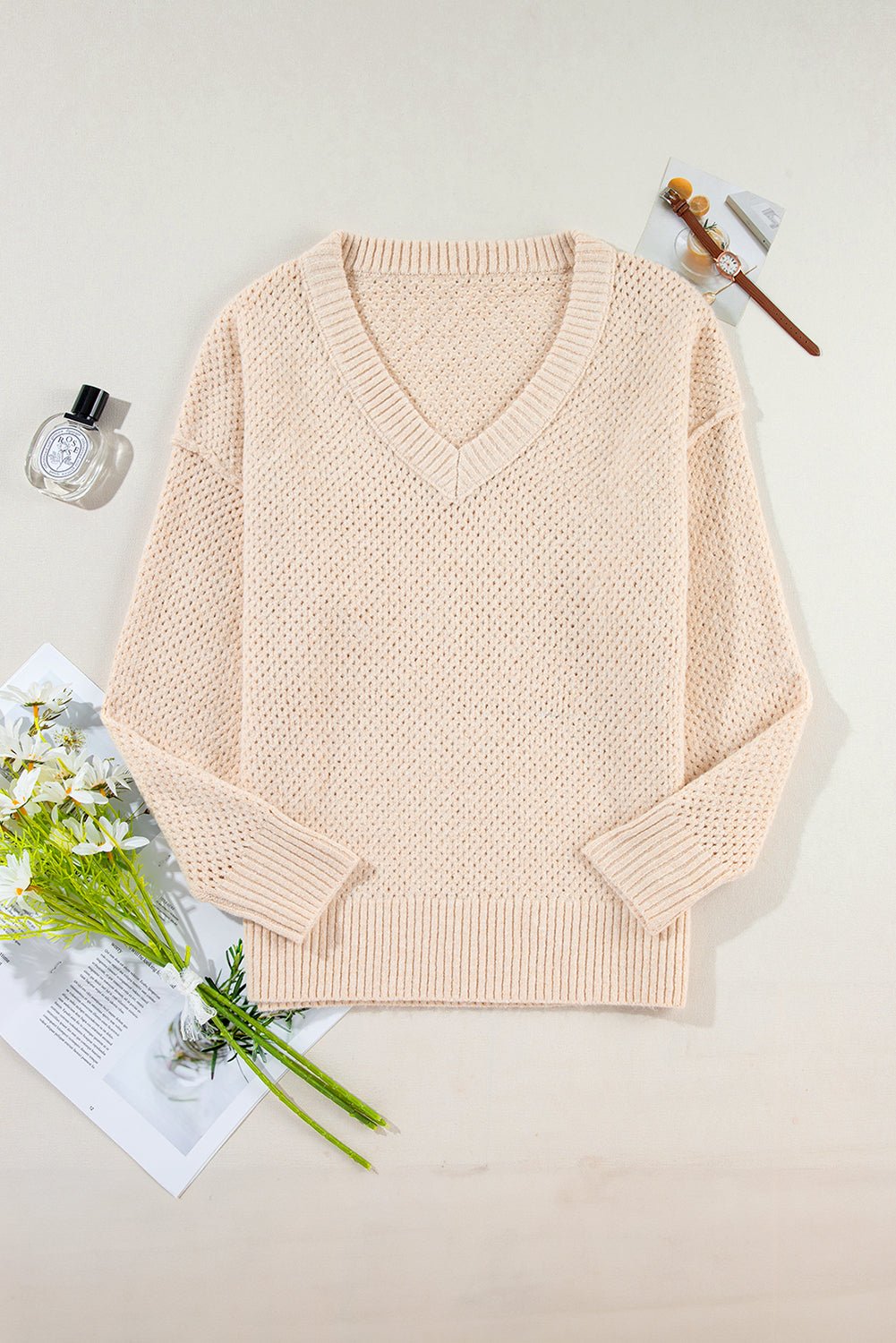 Parchment Loose Eyelet V Neck Drop Shoulder Sweater - Chaelisa's New Jammies