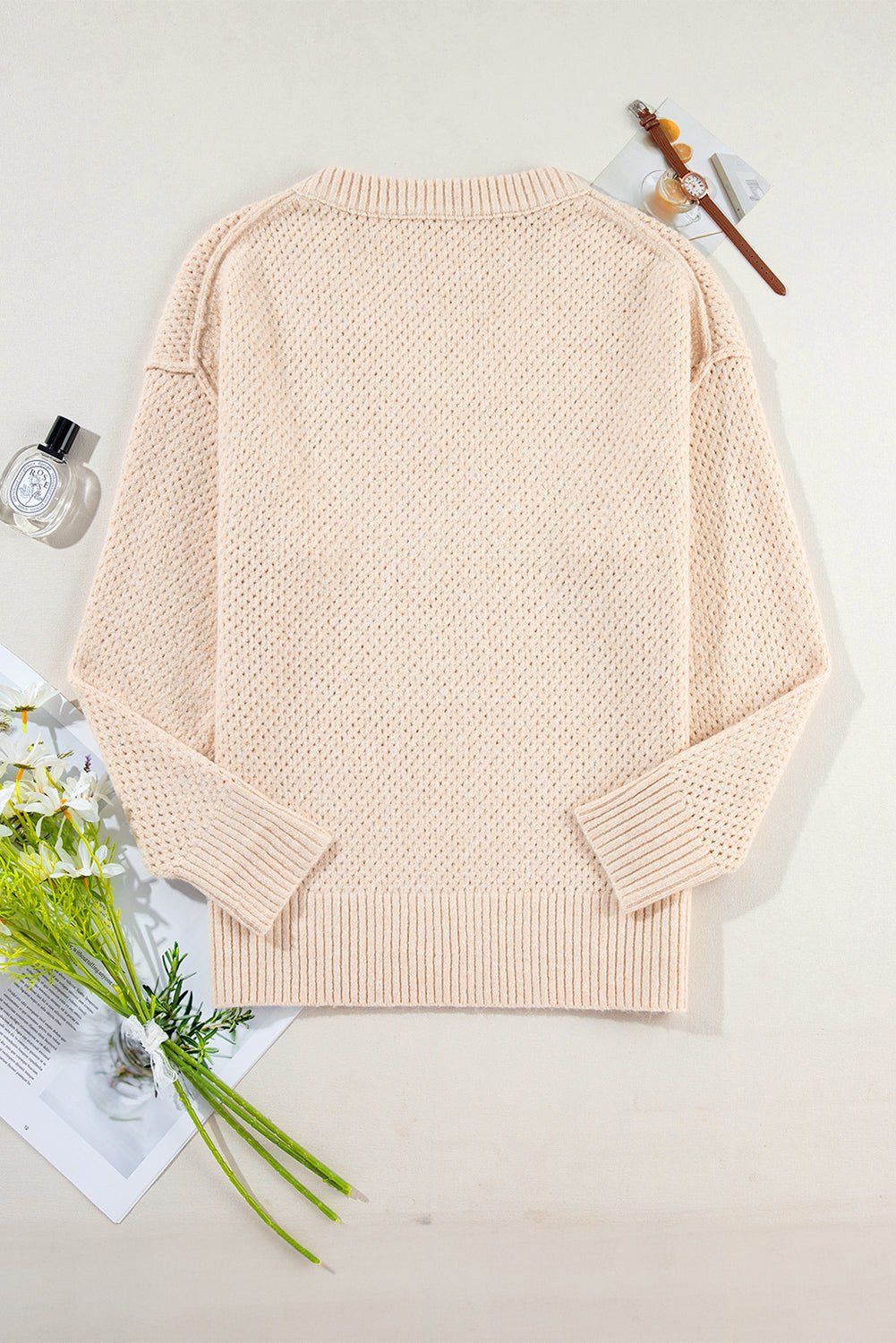 Parchment Loose Eyelet V Neck Drop Shoulder Sweater - Chaelisa's New Jammies